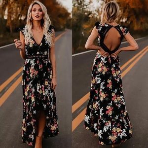 “MIRANDA” BLACK FLORAL OPEN BACK MAXI DRESS